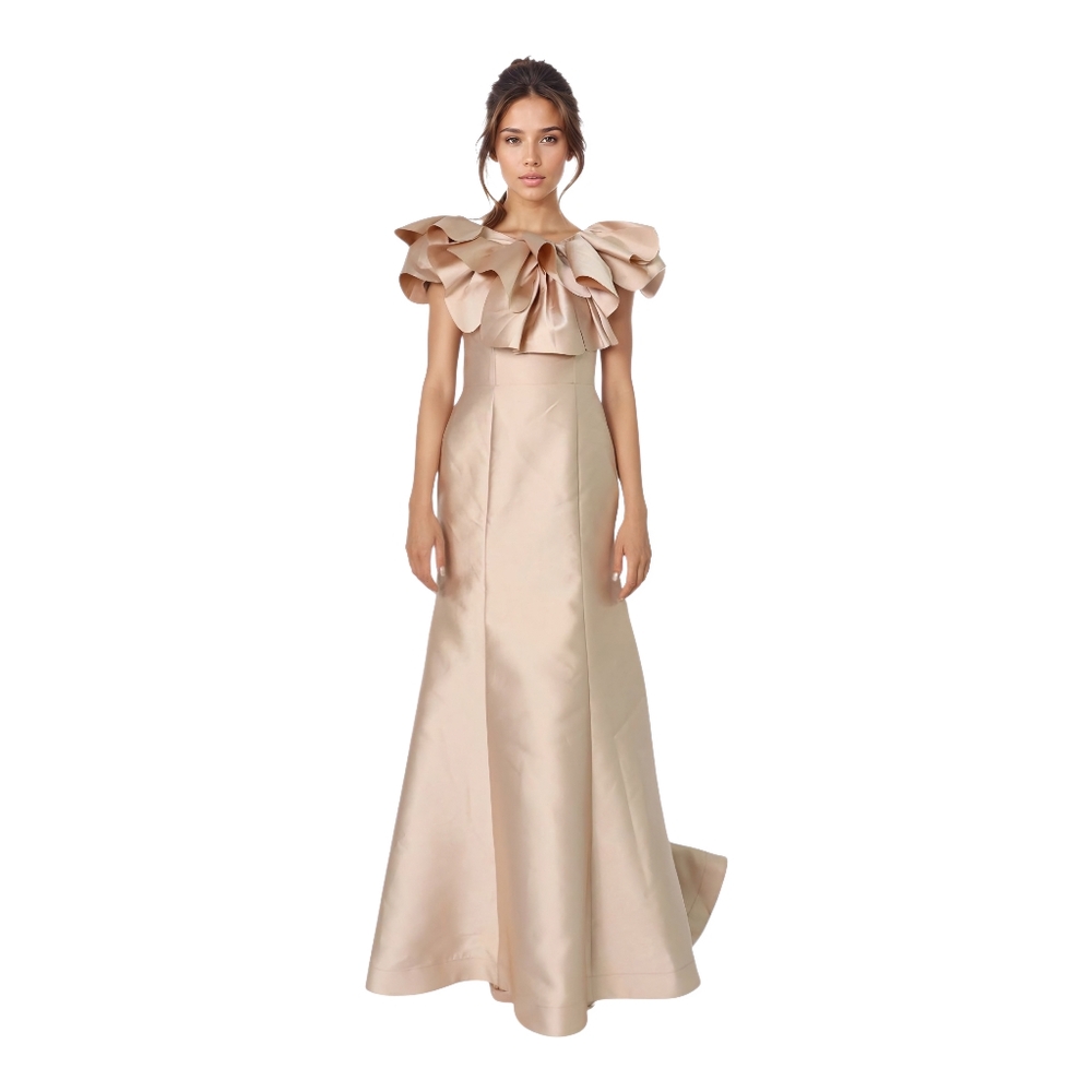 Rene Ruiz Collection Bardot Rosette Fit & Flare Mikado Gown Champagne Sizes 8-18
